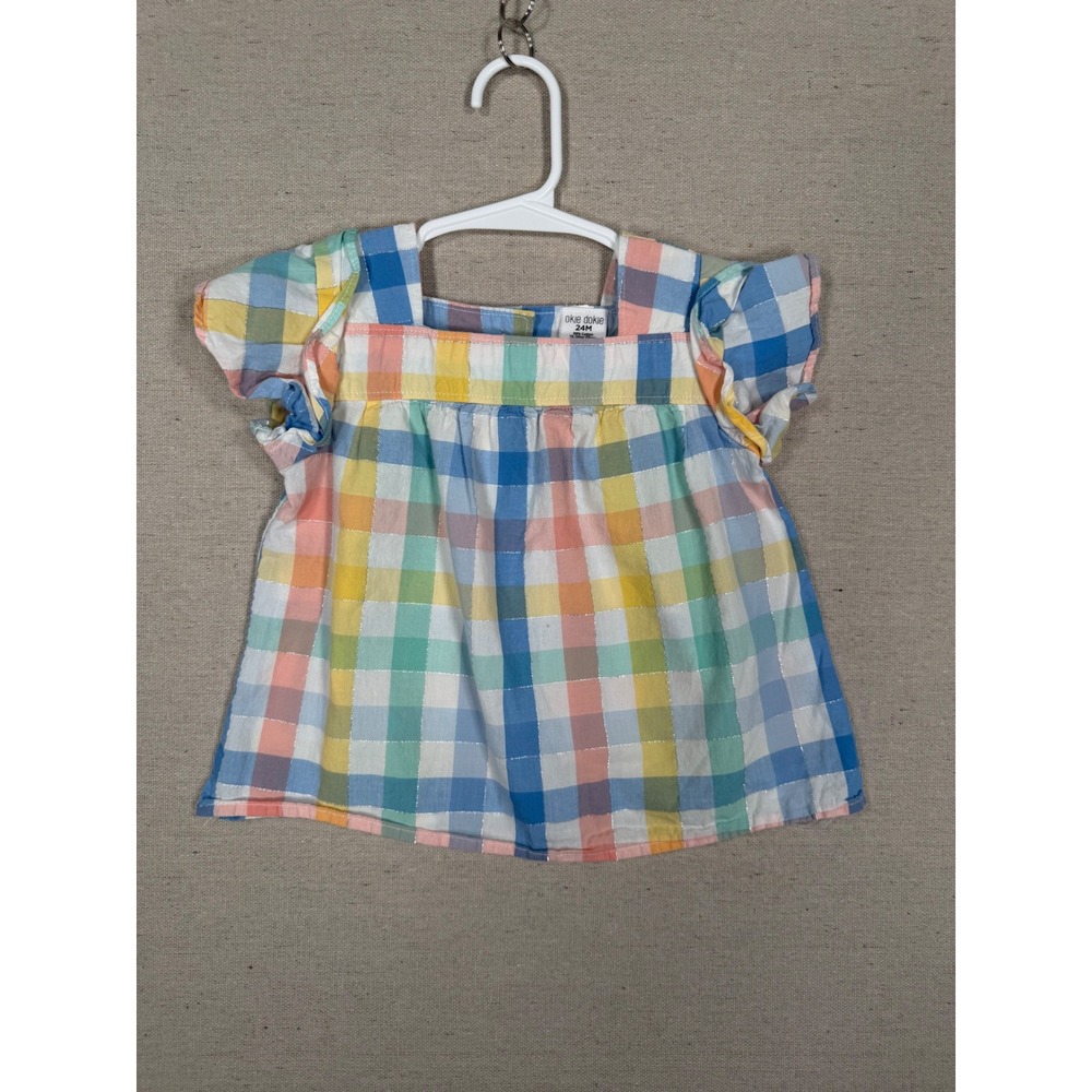 Okie Dokie Rainbow Gingham Flutter Sleeve Top 24M Metallic Shimmer Plaid Blouse
